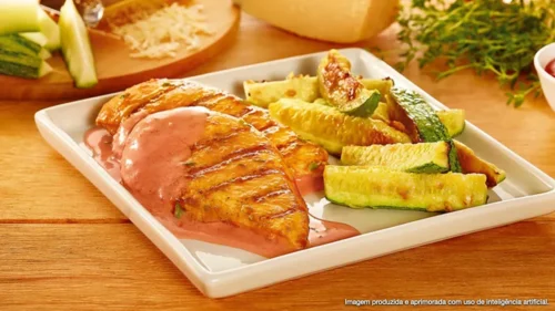 Filé de Sobrecoxa Grelhado Marinado com Vinho, Cebola, Alho e Alecrim com Panaché de Legumes