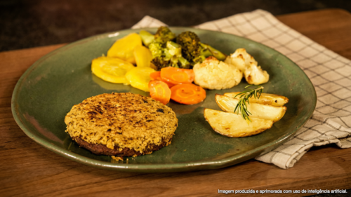 Hambúrguer Plant Based com Crosta de Ervas e Batatas Rústicas Assadas