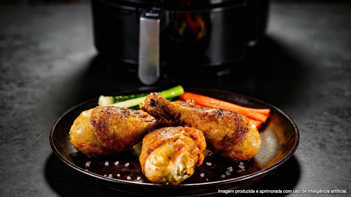 Coxas de frango crocantes em prato com vegetais