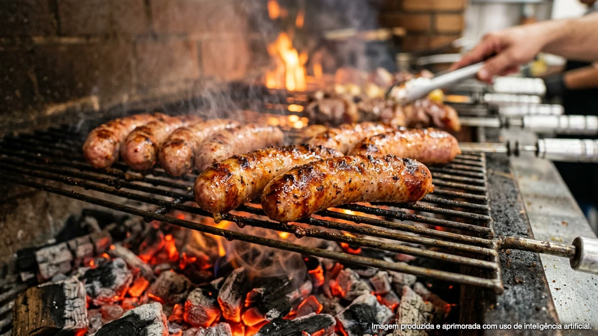 Churrasco com linguiças grelhadas em churrasqueira