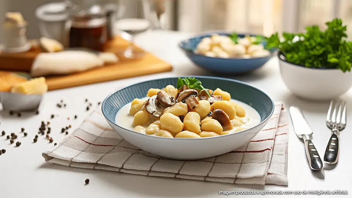 Nhoque cremoso com cogumelos e ervas