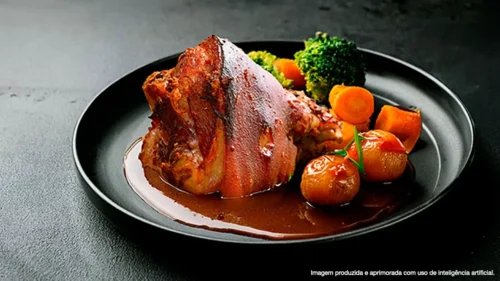 Joelho defumado assado com molho de cerveja e legumes