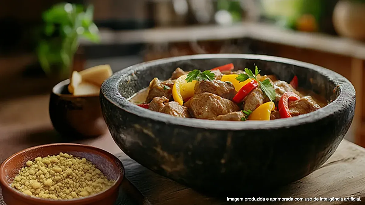 Carne de carneiro ao leite de coco com farinha de mandioca puba