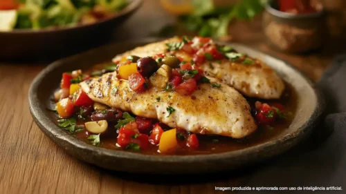 Filé de peixe assado com tomate, pimentões, malagueta, vinho, cebola e azeitona