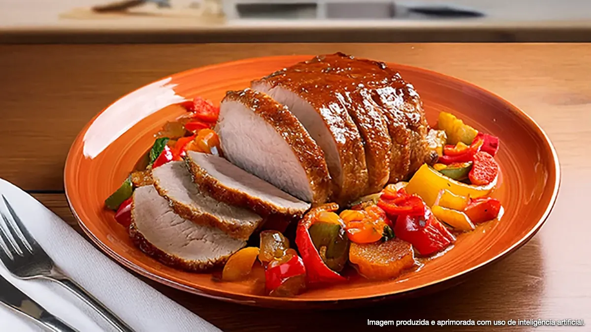 Lombo barbecue com pimentões e molho de gengibre e soja