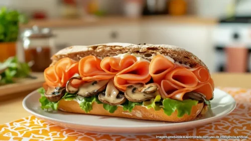 Pão Francês Integral com Peito de Peru Defumado, Mix de Cogumelos e Cream Cheese