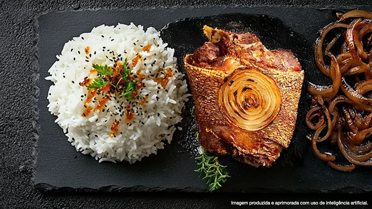 Joelho defumado com cebola caramelizada e arroz branco