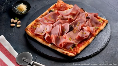 Pizza romana com mortadela de pistache