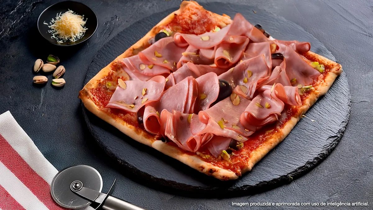 Pizza romana com mortadela de pistache