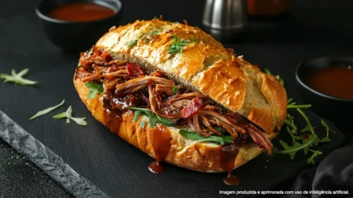 Sanduíche de costela suína com molho de cerveja e bacon crocante