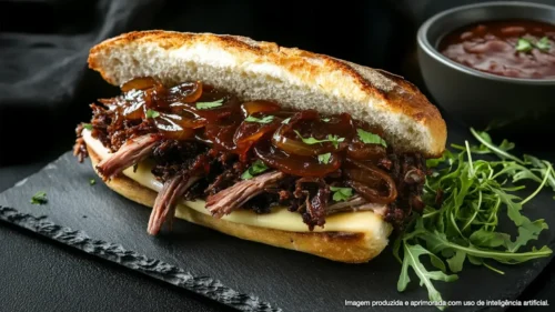 Sanduíche de costela suína com queijo gruyère e cebola caramelizada