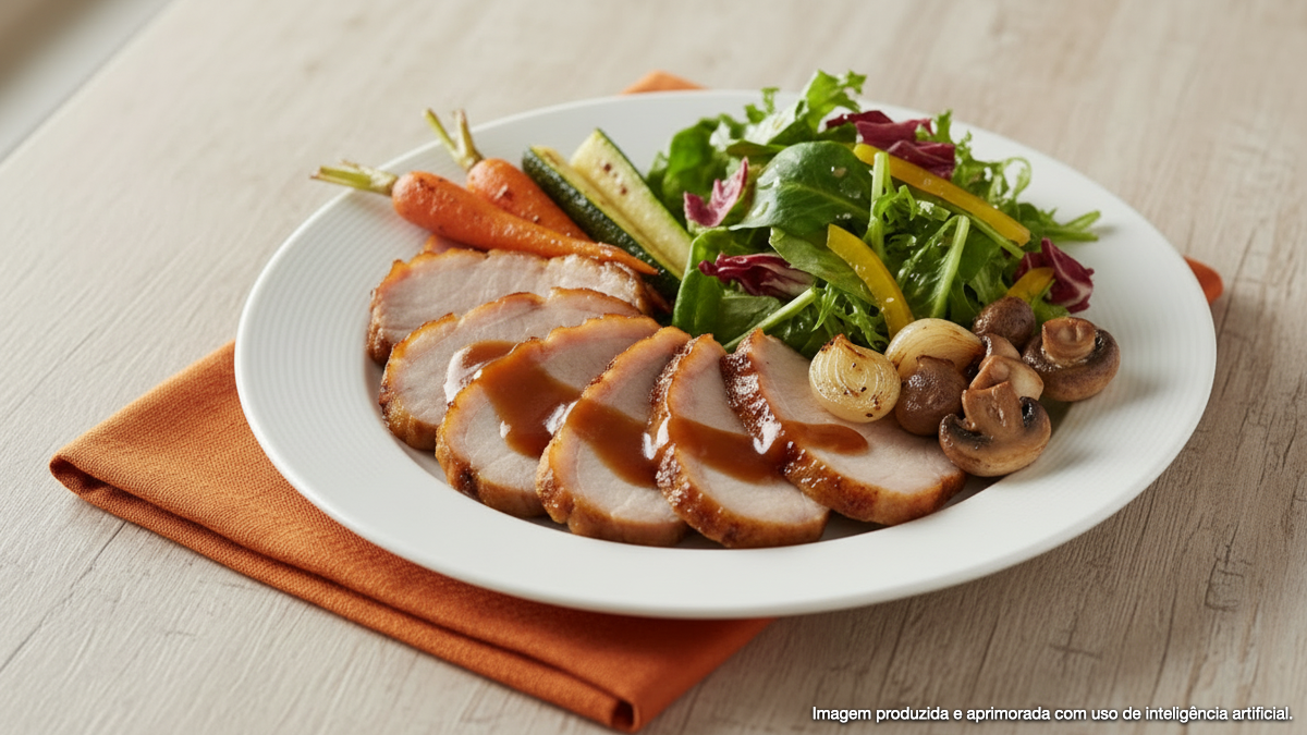 Pernil ao molho rosti com cogumelos e legumes assados