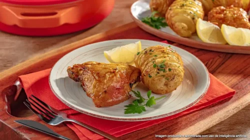 Sobrecoxa com batata sanfonada na airfryer