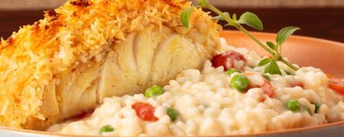 Pescada Amarela com Crosta de Coco Picante com Risoto