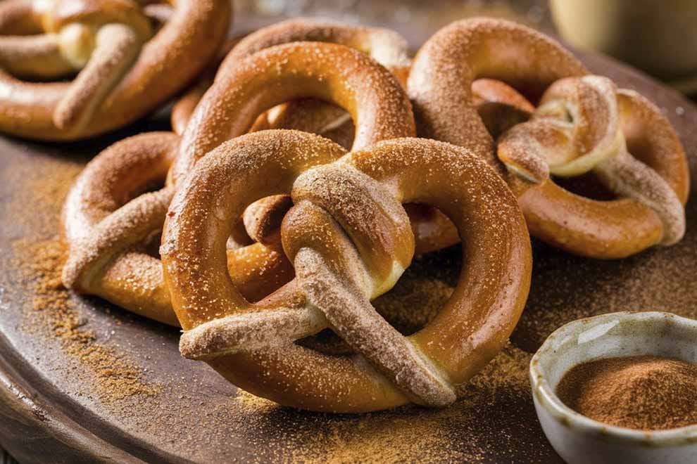 Diversos Bretzels em cima de uma tábua de madeira, com uma combuca de tempero ao lado.