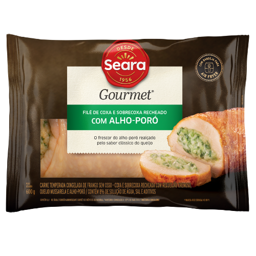 Filé de Coxa e Sobrecoxa Recheado Com Alho Poró 600g Filé de coxa e sobrecoxa com alho poró. Bandeja de 600g.