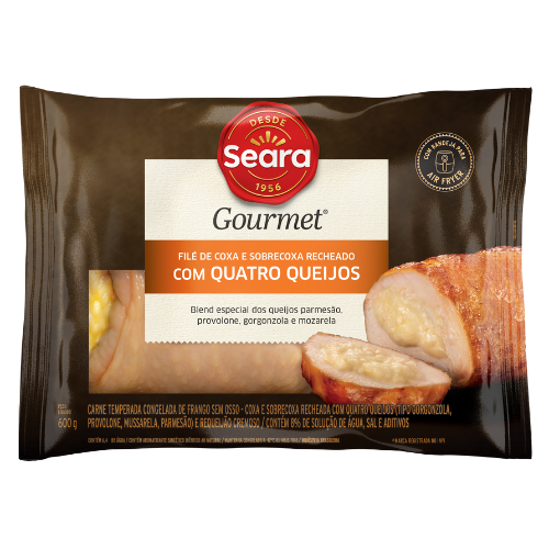Filé de Coxa e Sobrecoxa Recheado Com 4 Queijos 600g Filé de coxa e sobrecoxa recheado com 4 queijos. Bandeja de 600g.
