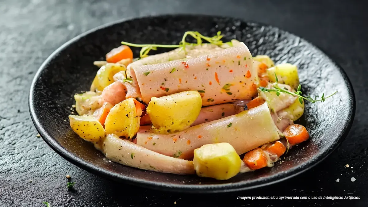 Salsichão com picles Hans com salada de maionese cremosa