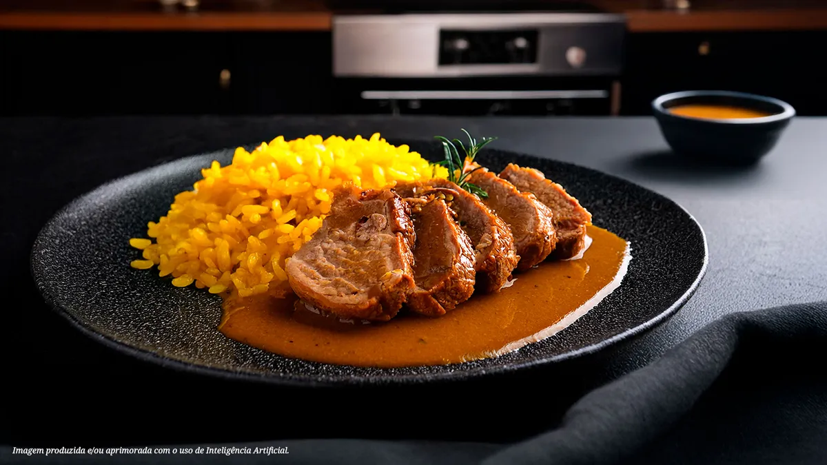 Picanha suína com molho de tamarindo e arroz de açafrão
