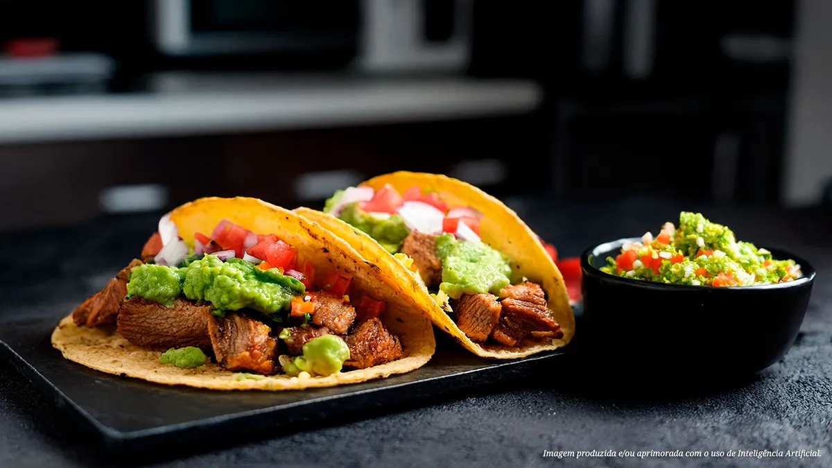 Tacos de picanha suína com molho de guacamole e pico de gallo
