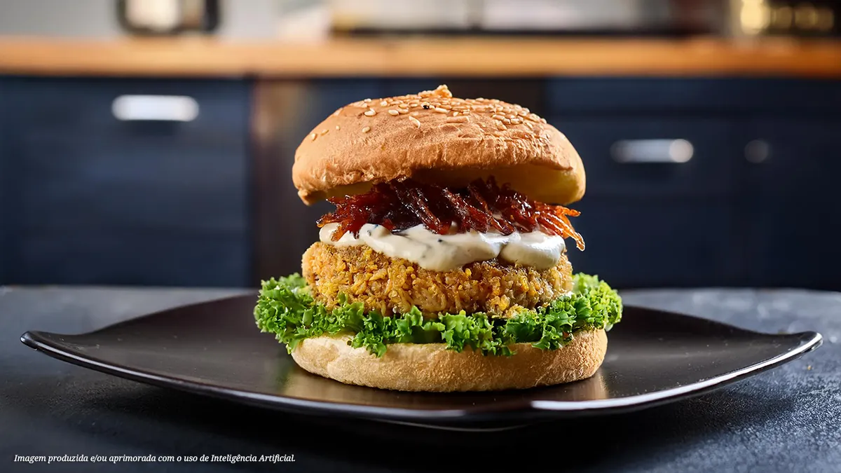 Hamburguer vegetariano com cebola caramelizada e maionese de ervas