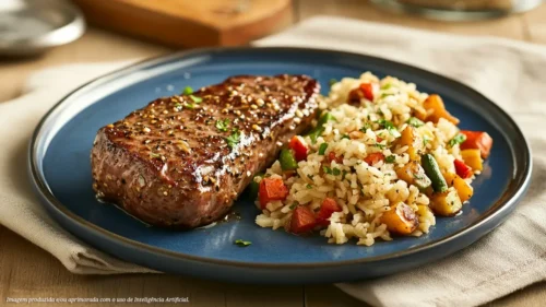 Bife de alcatra com maminha ao alho com arroz à grega