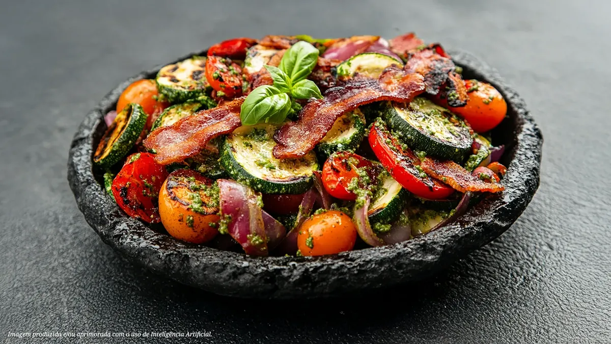 Bacon crocante com molho pesto de manjericão e legumes grelhados