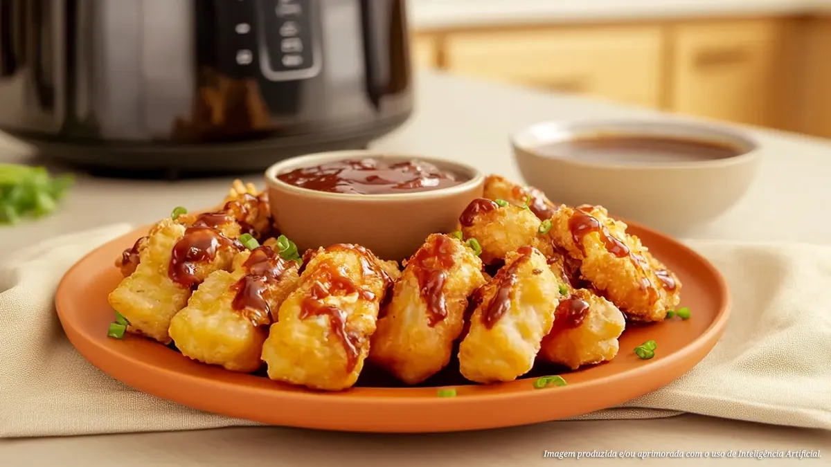 Empanado de frango na airfryer com molho de barbecue e mel