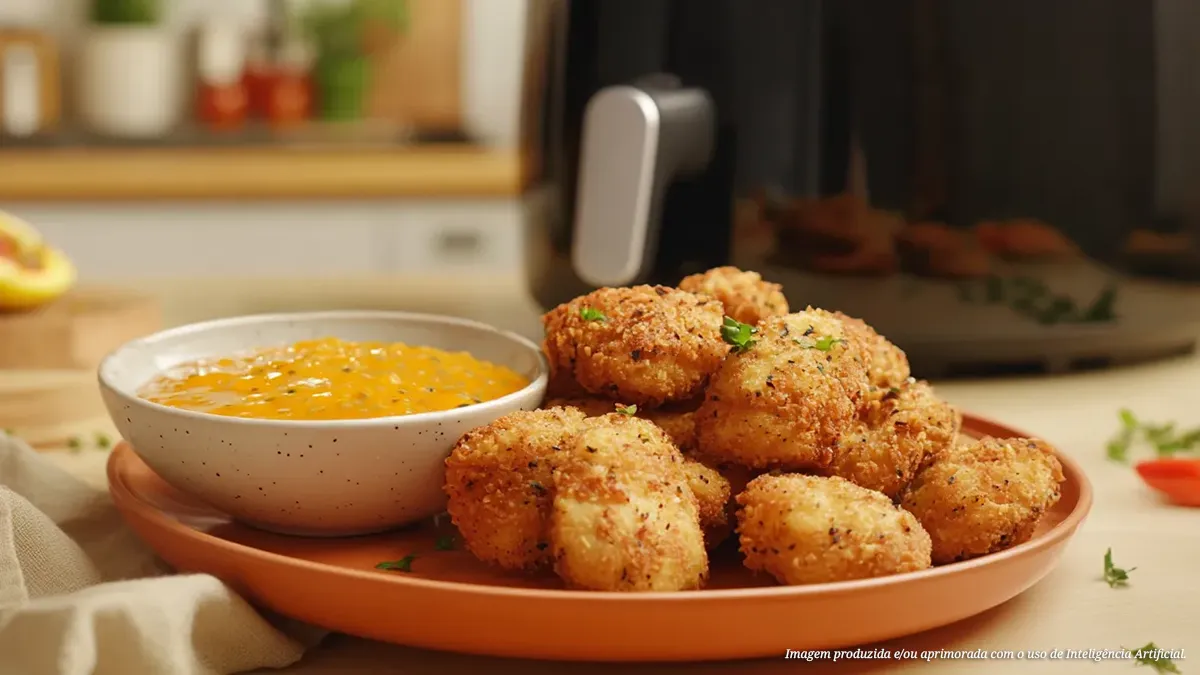 Iscas crocantes na airfryer ao barbecue de goiabada com batatas rústicas