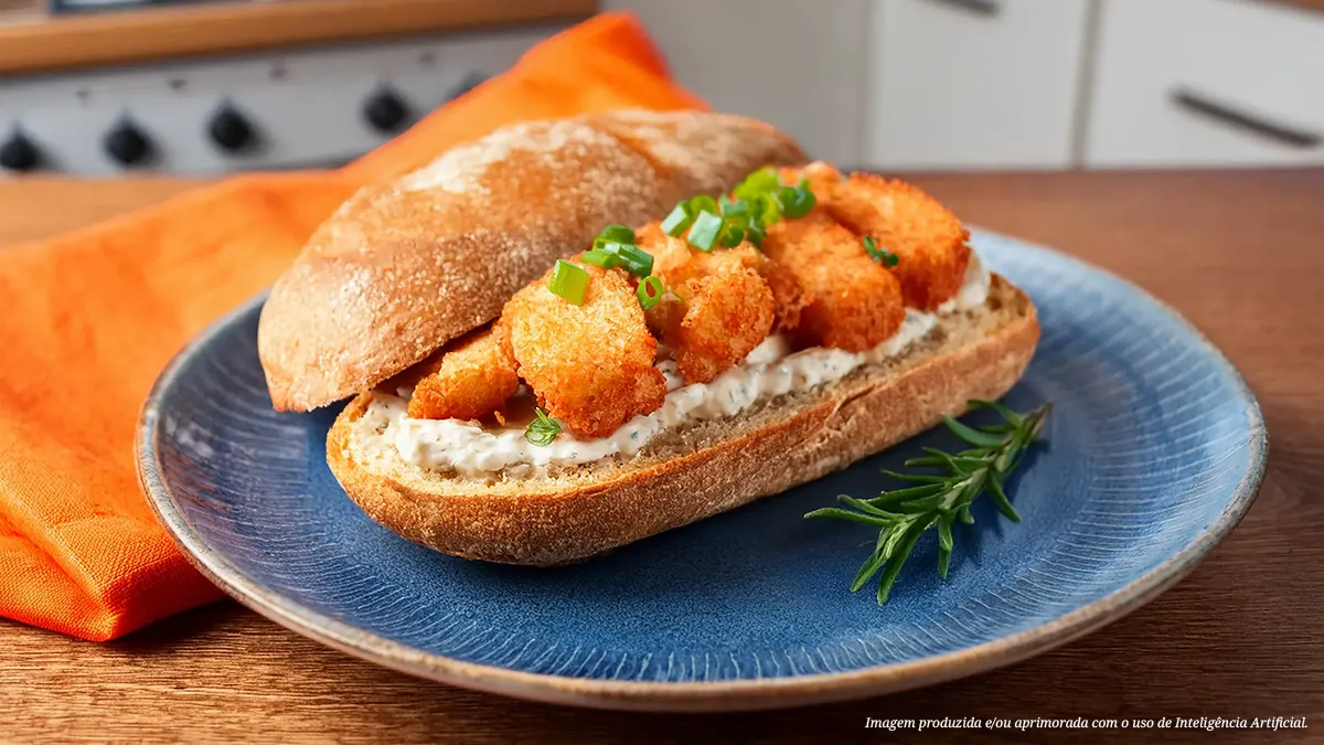Sanduíche de isca de peixe empanada com molho de alho