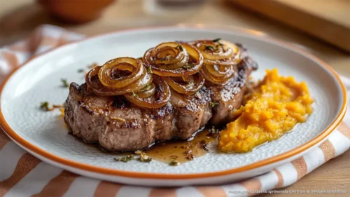 Filé mignon suíno com purê de abóbora e cebolas caramelizadas
