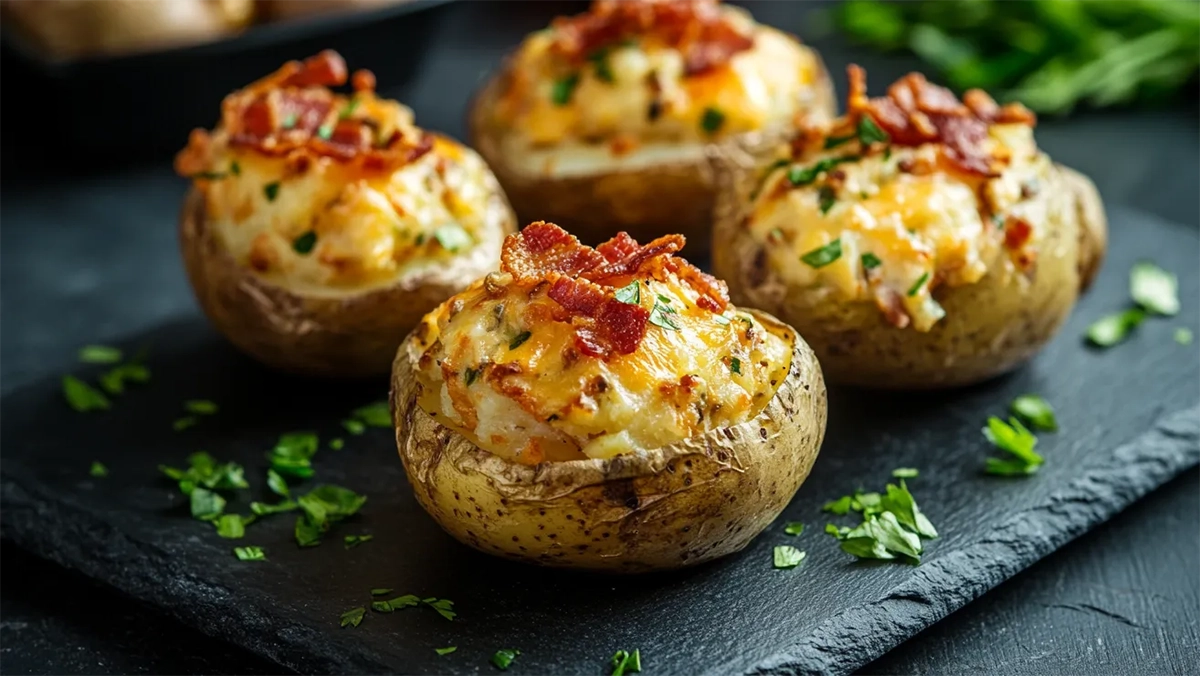 Batata assada recheada com bacon fatiado e cheddar