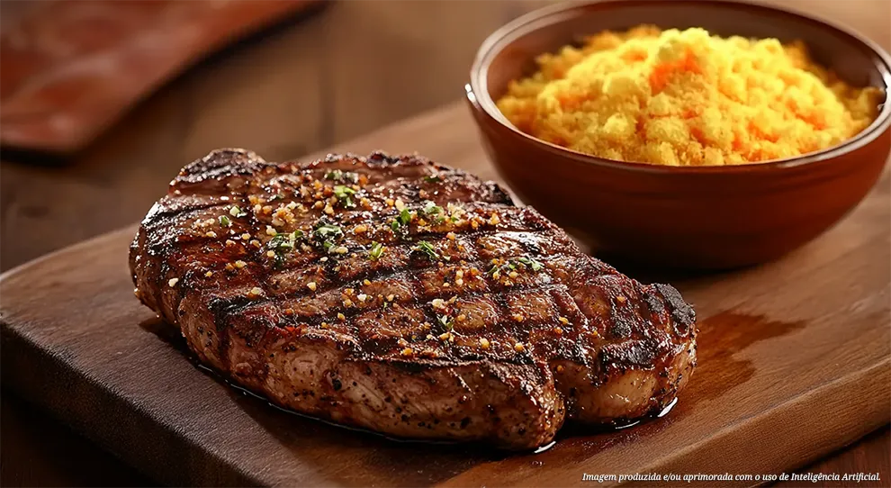Em foco, um bife ancho na churrasqueira, com uma crosta de café e ervas visível, apresenta um interior rosado indicando o ponto de cocção. Ele repousa sobre uma tábua rústica, acompanhado por uma tigela de farofa de cenoura e milho.