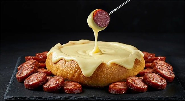 Fondue de cerveja em um rechaud, com linguiça apimentada pronta para mergulhar. Uma delícia para os amantes de queijo e cerveja.