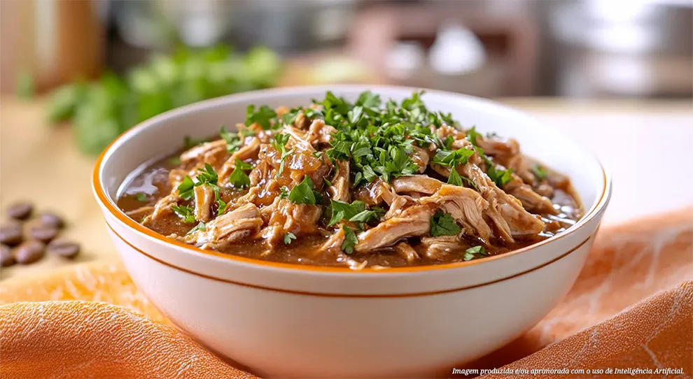 Frango dourado banhado em um molho escuro e brilhante de café. Um prato criativo e cheio de personalidade.