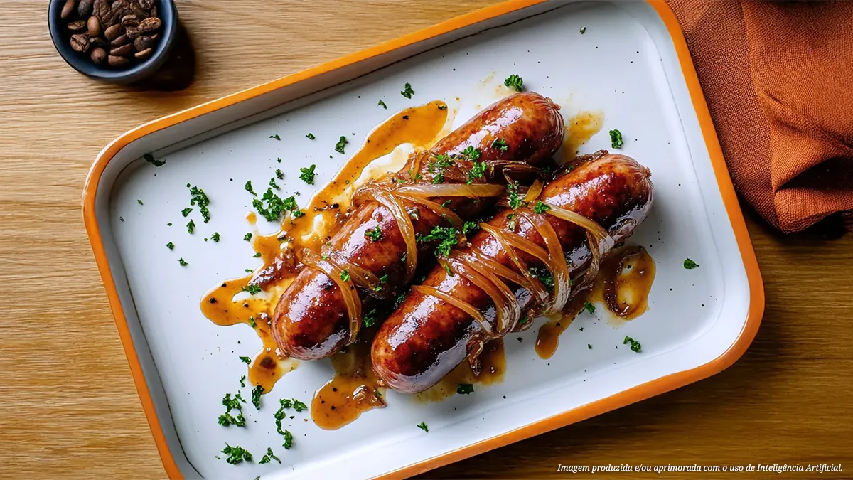 Linguiça toscana ao molho de café e cebola caramelizada