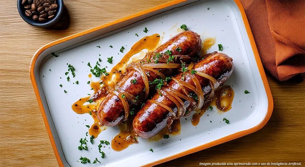 Linguiça dourada banhada em molho escuro de café, com cebolas caramelizadas brilhantes. Uma combinação irresistível e original.