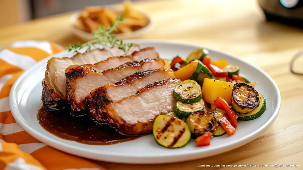 Picanha suína com legumes assados na airfryer