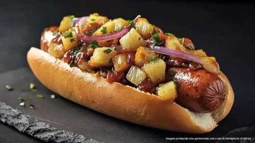 Pão com linguiça e abacaxi grelhado