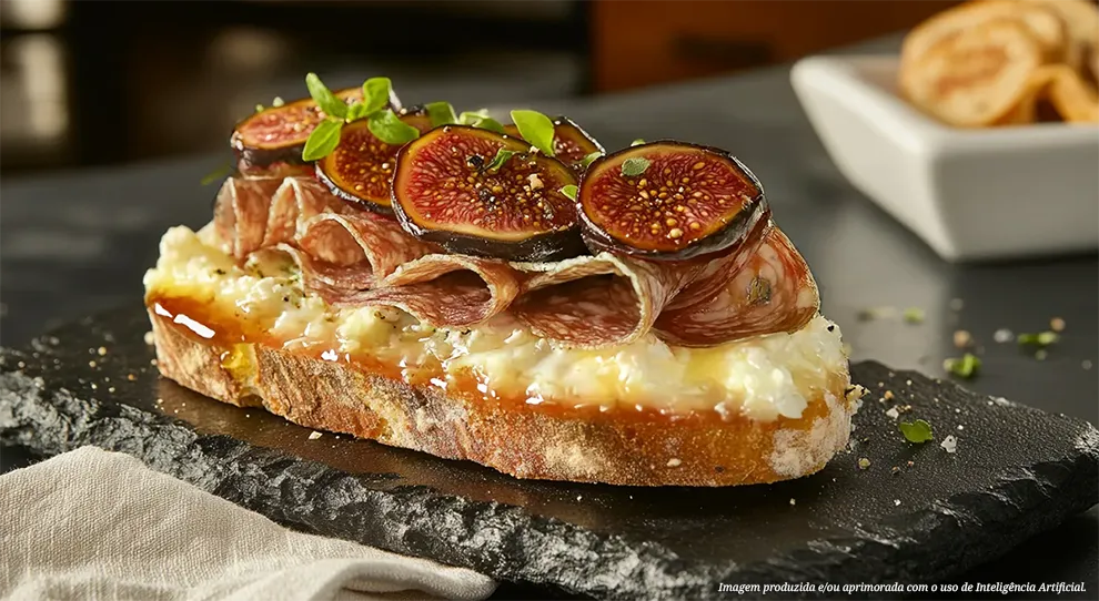 Vê-se uma bruschetta apetitosa com camadas de salame, pedaços de alho negro, metades de figos grelhados caramelizados, fatias de queijo brie macio e pequenas porções de geleia de pimenta.
