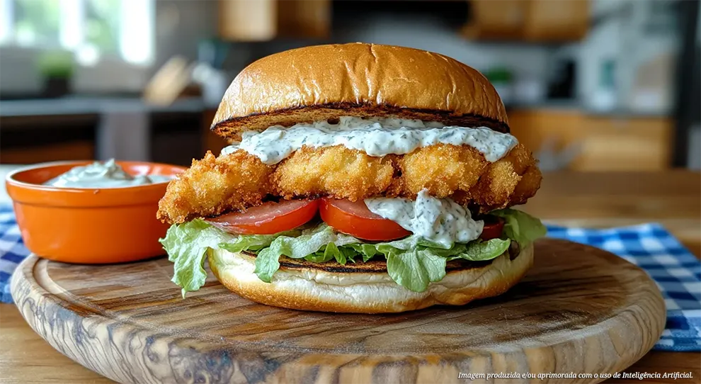 Um delicioso hambúrguer de peixe empanado, pronto para ser saboreado, exibindo o peixe crocante coberto com molho, fatias de tomate e alface dentro de um pão dourado, sobre uma tábua de madeira com um toque de tecido xadrez azul ao fundo.
