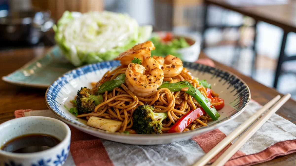 Um prato de yakisoba de camarão com macarrão refogado, camarões grelhados, brócolis, pimentão vermelho e vagem, decorado com coentro, servido em uma tigela com padrão azul e branco sobre um guardanapo quadriculado laranja e branco, acompanhado de um recipiente com molho escuro e um par de hashis.