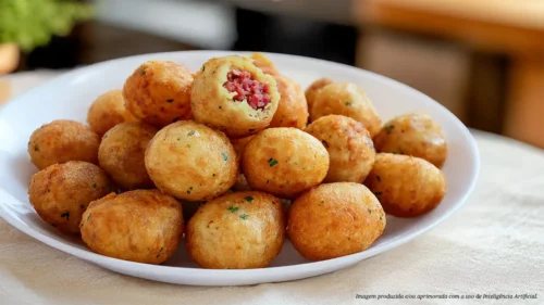 Bolinho de mandioca recheado com linguiça fininha e requeijão