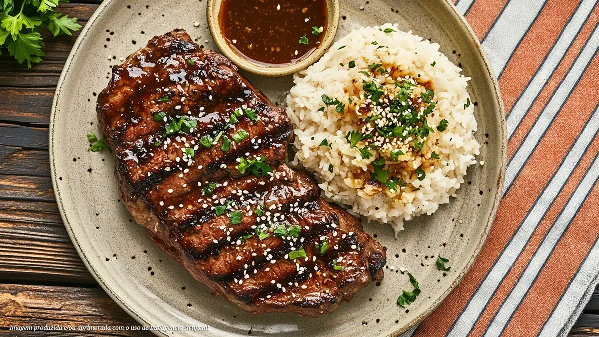 Alcatra suína com molho de gengibre com arroz japonês