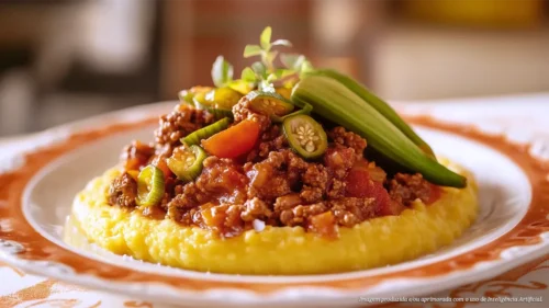 Carne com quiabo e polenta