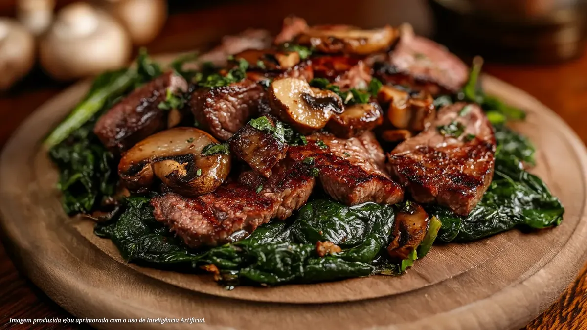 Churrasco de Picanha Maturada em Tiras com Mix de Cogumelos e Espinafre