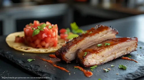 Costela suína com molho barbecue e tacos com tartare de tomate