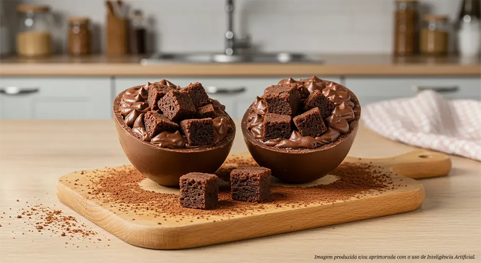 Um ovo de Páscoa de chocolate ao leite, dividido em duas metades e preenchido com uma generosa porção de creme de chocolate e pedaços de brownie escuro. As metades repousam sobre uma tábua de madeira com cacau espalhado. Ao fundo, uma cozinha com detalhes em madeira e uma toalha rosa e branca.