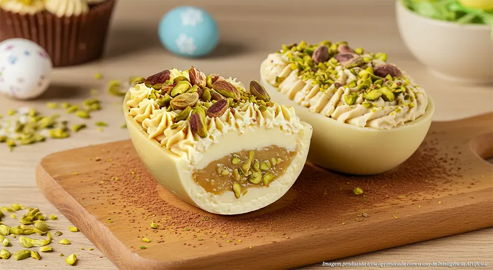 Metades de dois ovos de Páscoa de chocolate branco, recheados com uma combinação de caramelo e creme, e adornados com pistaches triturados e amêndoas laminadas, apresentadas sobre uma tábua de madeira com cacau em pó. O cenário inclui ovos de Páscoa decorativos e um cupcake suavemente desfocados ao fundo.