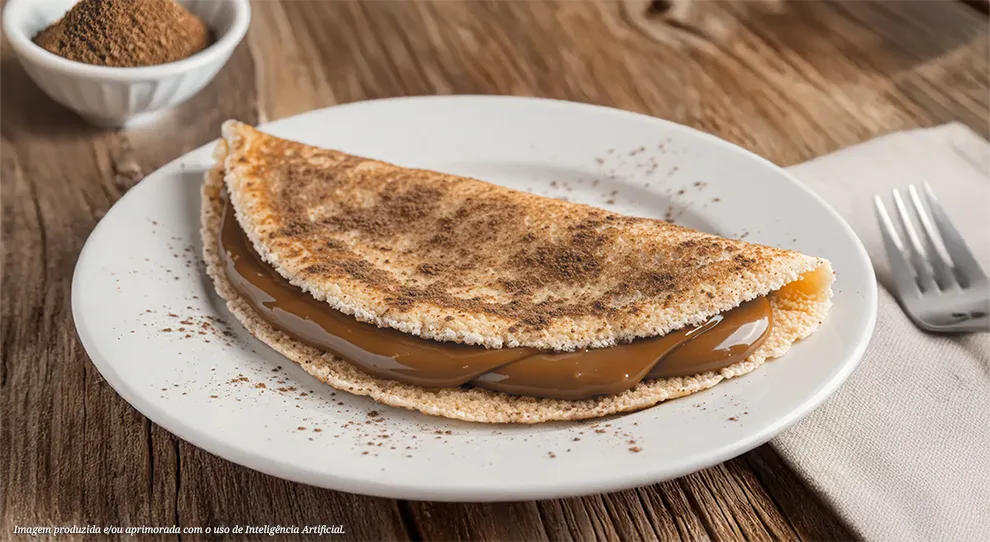 Uma tapioca dobrada, com um recheio brilhante de doce de leite e uma leve camada de café moído por cima, em um prato branco sobre um fundo de madeira natural. Um garfo e uma tigela com café em pó estão dispostos na mesa.